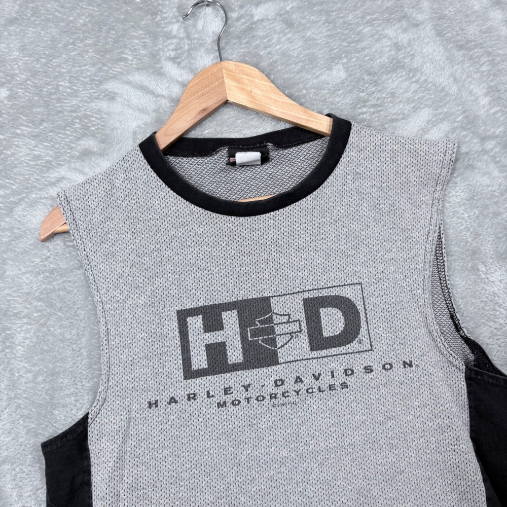 Harley Davidson Muscle Tee Mens L Grey Black Waffle Knit H-D Logo Made in USA